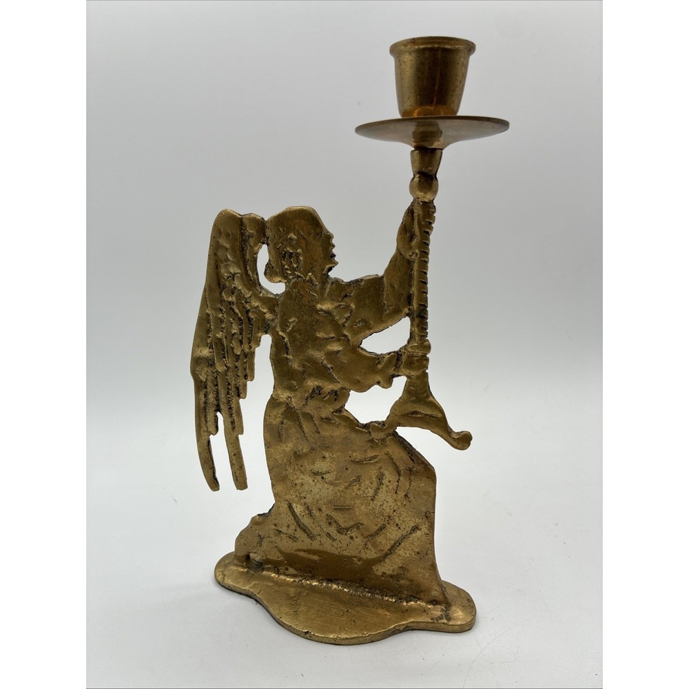 Vintage Angel Mid Century Brass Taper Candle Holder 11" x 6"